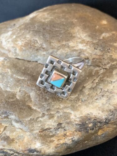 Navajo Blue Turquoise Pink Coral Inlay Ring | Sz 6.5 | Authentic Native American Handmade | 13133 - Masha USA
