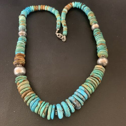Navajo Blue Green Turquoise Necklace | Sterling Silver | Authentic Native American | 22" | Graduated | 11899