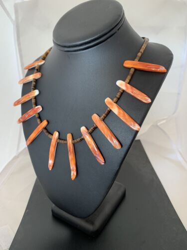 Navajo Orange Spiny Oyster Bone Stick Bead Necklace | Sterling Silver | 22" | Authentic Native American Handmade | 00680