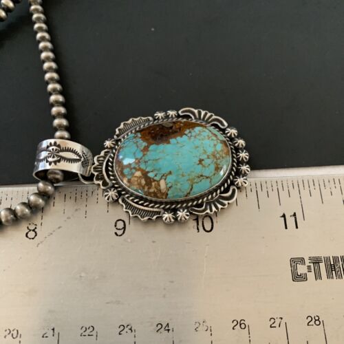 Navajo Pearls Necklace with Blue Turquoise #8 Pendant | Sterling Silver | Authentic Native American Handmade | 11312