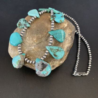 Southwestern Navajo Pearls Necklace | Sterling Silver Blue Turquoise Teardrop | 13149