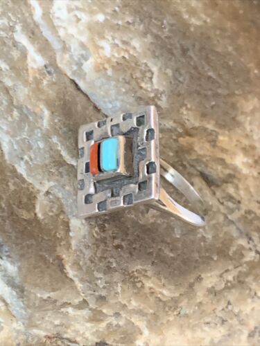 Native American Women's Navajo Blue Turquoise Coral Inlay Ring | Sz 8 | 13132