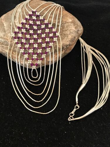 Native American Sugilite Heishi Tubes Necklace | 7 Strand Liquid Sterling Silver | 8560