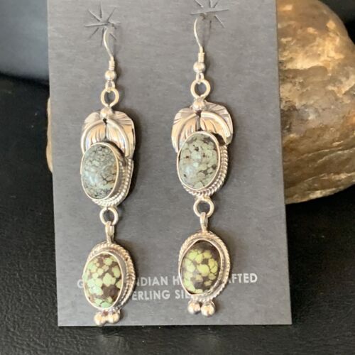 Navajo Green Spiderweb Turquoise Dangle Earrings | Sterling Silver | Authentic Native American Handmade | 13545