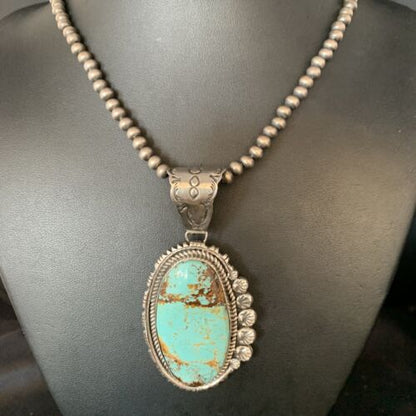Navajo Pearls Sterling Silver Necklace with Blue #8 Turquoise Pendant | 3" | Authentic Native American Handmade | 13937 - Masha USA