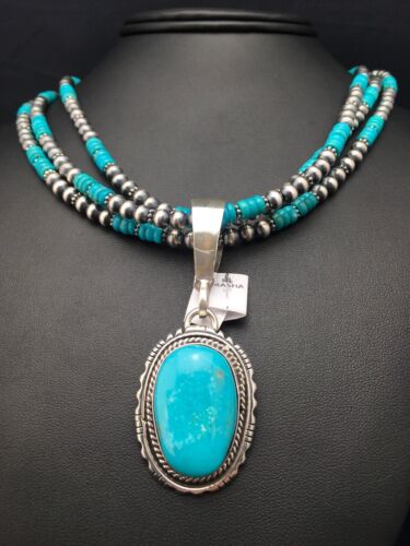 Navajo Pearls Kingman Turquoise Pendant Necklace | Sterling Silver | 3-Strand Set | 21" | 3001