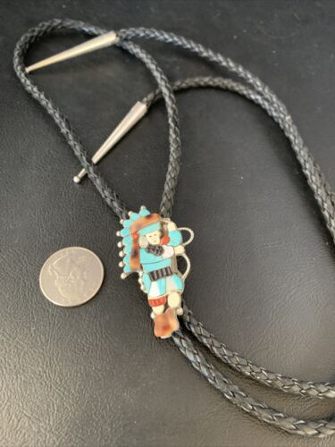 Men's Bolo Tie | Zuni Kachina | Blue Kingman Turquoise & Coral | Sterling Silver | 13672