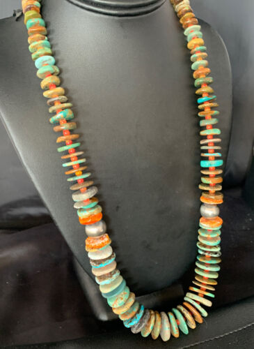 Navajo Green Turquoise & Spiny Oyster Necklace | Sterling Silver | Authentic Native American | 26" | 13907