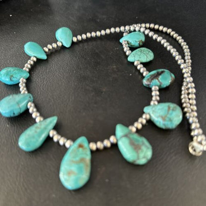 Navajo Teardrop Blue Turquoise Necklace | Sterling Silver Pearls | Authentic Native American Handmade | 14388
