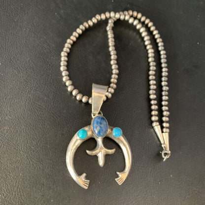 Navajo Sterling Silver Pendant Necklace | Denim Lapis & Turquoise | Authentic Native American Handmade | 13633