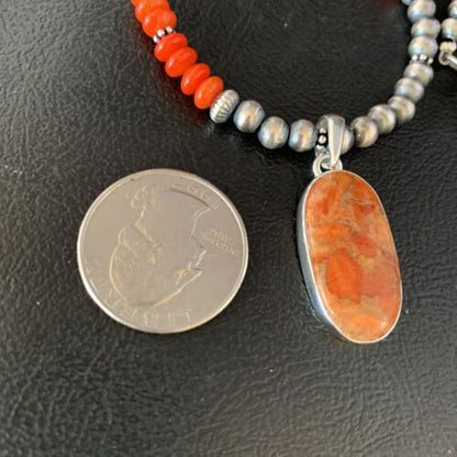 Navajo Red Apple Coral Necklace Pendant Naja | Sterling Silver | Authentic Native American Handmade | 13932