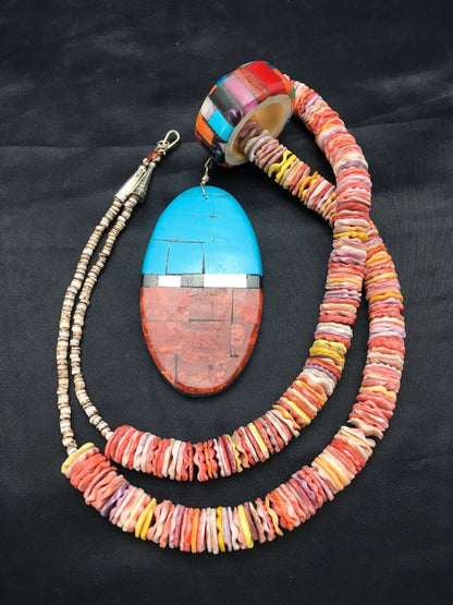 Authentic Native American Santo Domingo Multi-Color Spiny Sterling Silver Necklace with Inlay Pendant | 24" | 2915