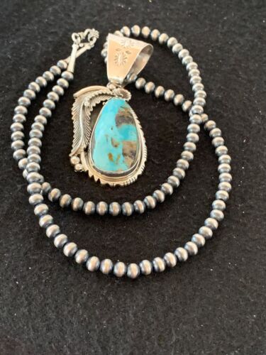 Men's Kingman Turquoise Pendant | Navajo Pearls Sterling Silver Necklace | Authentic Native American Handmade | 4301