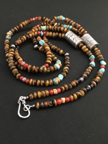 Navajo Multi-Color 3 Strand Necklace | Tiger's Eye & Turquoise | Sterling Silver | 4896