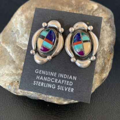 Native American Women's Sterling Silver Blue Turquoise Multi-Color Earrings | Handmade | 13015
