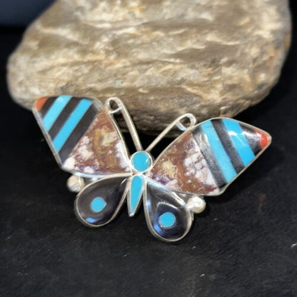 Zuni Butterfly Inlay Ring | Coral Turquoise Onyx Mother of Pearl | Sz 7 | Sterling Silver | 14439