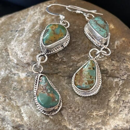 Native American Green Royston Turquoise Dangle Earrings | Navajo Handmade Sterling Silver | 1585