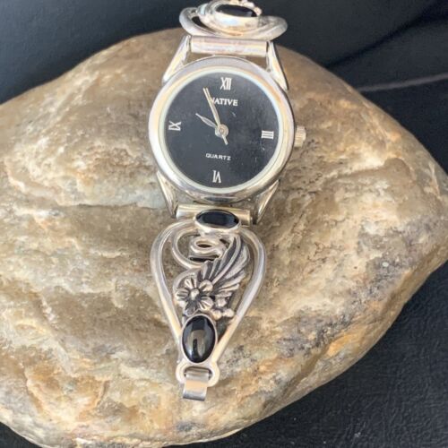 Authentic Navajo Sterling Silver Watch Tips with Black Onyx Band | Women's Feather Design | Native American Jewelry | 14042