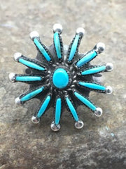 Zuni Blue Turquoise Needle Point Cluster Ring | Authentic Native American Sterling Silver | Multi-Stone | Sz 7.25 | 4035