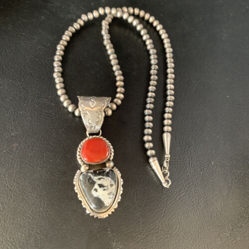 Navajo White Buffalo Turquoise Coral Pendant | Sterling Silver | Multi-Stone Necklace | 13579