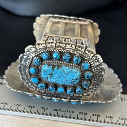 Handmade Native American Blue Kingman Turquoise Cuff Bracelet | Sterling Silver | 14223