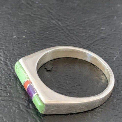 Southwestern Navajo Green Gaspeite Sugilite Red Coral Inlay Ring | Sz 7 | 02252