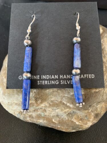 Navajo Denim Lapis Lazuli Bead Dangle Drop Earrings | Sterling Silver | Authentic Native American Handmade | 13040