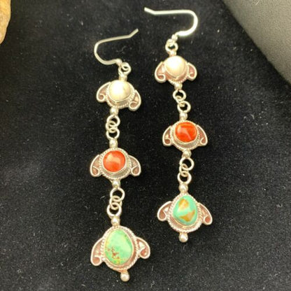 Navajo Spiny, Turquoise & Howlite Dangle Earrings | Sterling Silver | Authentic Native American Handmade | 01616