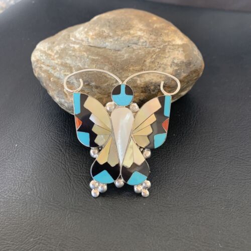 Blue Turquoise Coral Butterfly Necklace Pin Pendant | Zuni Sterling Silver | Native American Handmade | 11965