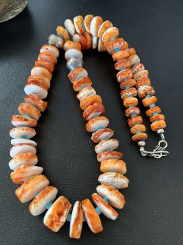 Navajo Orange Spiny Oyster & Turquoise Necklace | Sterling Silver | Authentic Native American | Graduated | 20" | 1504