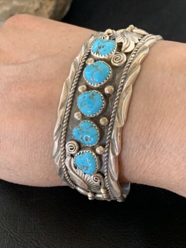 Navajo Sterling Silver Blue Kingman Turquoise Cuff Bracelet | 5 Stone | Authentic Native American Handmade | 12161