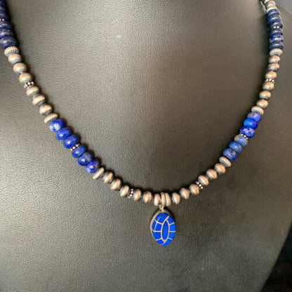 Navajo Blue Lapis Inlay Necklace Pendant | Sterling Silver | Authentic Native American Handmade | 13845