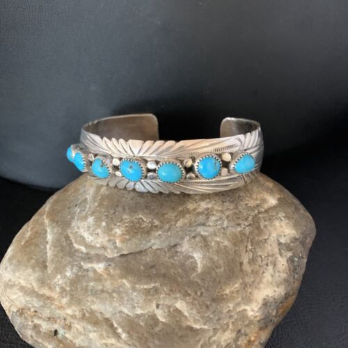 Navajo Blue Kingman Turquoise Cuff Bracelet | Sterling Silver | 7 Stone | Authentic Native American Handmade | 14212