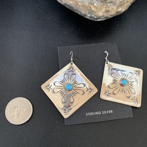 Navajo Blue Turquoise Earrings | Stamped Sterling Silver | Authentic Native American Handmade | 13322