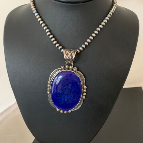 Men's Lapis Lazuli Pendant | Navajo Pearls Sterling Silver Necklace | Authentic Native American Handmade | 1282