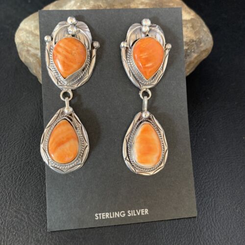 Navajo Orange Spiny Oyster Dangle Earrings | Sterling Silver | Authentic Native American Handmade | 13817