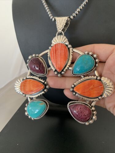 Navajo Sterling Silver Necklace with Turquoise & Spiny Oyster Naja Pendant | 00791
