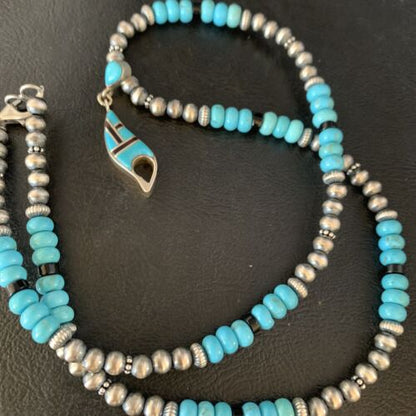 Navajo Blue Turquoise Onyx Inlay Pendant Necklace | Sterling Silver | Authentic Native American Handmade | 13846