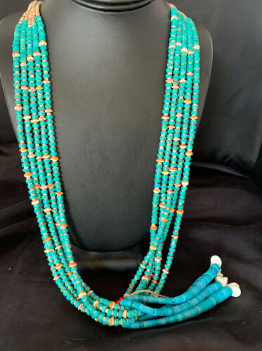 Native American Santo Domingo Spiny Blue Turquoise Shell Jacla Necklace | 5 Strand | 42" | 13189