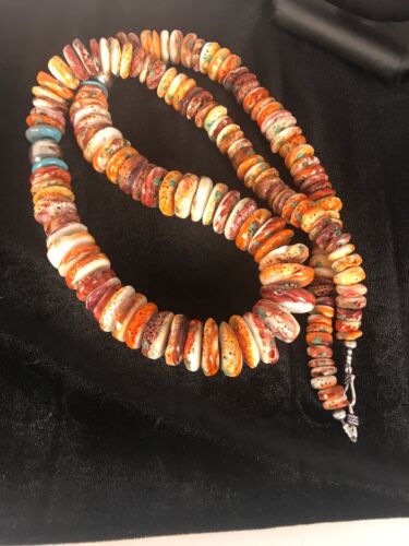 Handmade Turquoise & Spiny Oyster Necklace | Navajo Sterling Silver | Authentic Native American | 32"