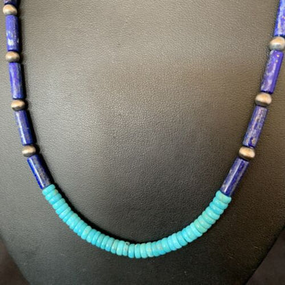 Native American Men's Navajo Lapis Turquoise Bead Necklace | Sterling Silver | 21" | 12471