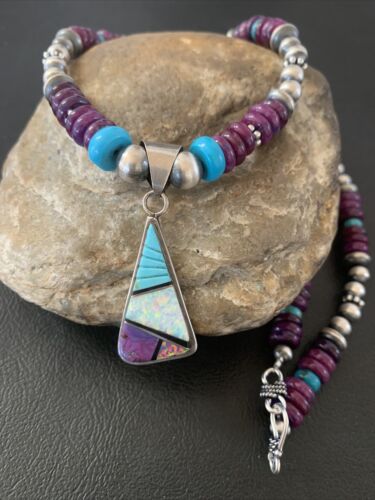 Navajo Purple Sugilite Turquoise Inlay Pendant | Sterling Silver Necklace | Authentic Native American Handmade | 02086