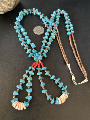 Santo Domingo Shell Turquoise Bead Pendant Jacla Necklace | 2 Strand | Pearls | Native American Handmade | 14633