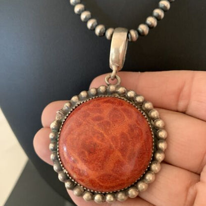 Native American Men's Navajo Red Apple Coral Pendant Necklace | Sterling Silver | 1314