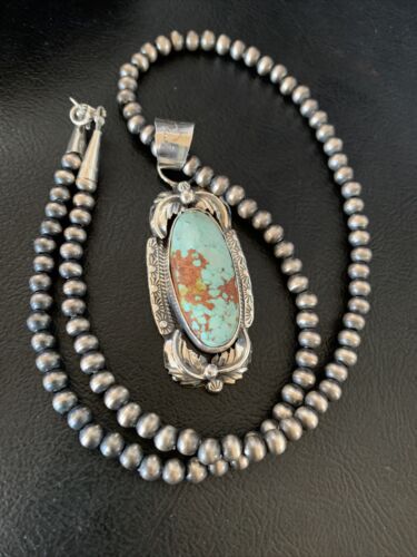 Men's Navajo Blue Dry Creek Turquoise Pendant | Sterling Silver Pearl Necklace | Native American Handmade | 12971