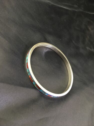 Native American Zuni Opal Spiny Turquoise Inlay Bracelet | Sterling Silver Bangle | 10199