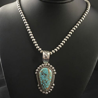 Navajo Pearls Sterling Silver Necklace with Blue #8 Turquoise Pendant | 2.7" | Authentic Native American Handmade | 10151