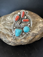 Navajo Blue Kingman Turquoise Coral Ring | Authentic Native American Sterling Silver | Multi-Stone | Sz 9.5 | 14499