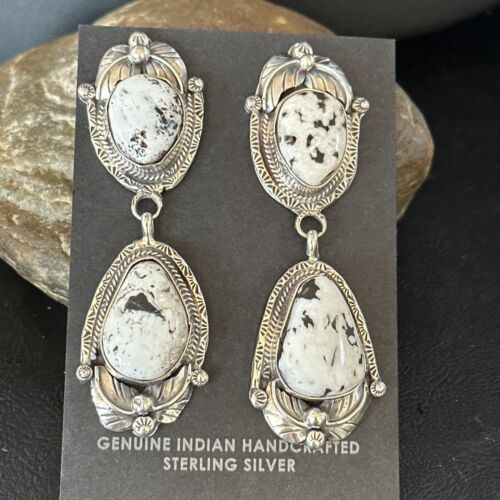 Navajo White Buffalo Turquoise Dangle Earrings | Sterling Silver | 2.5" | Authentic Native American Handmade | 14739