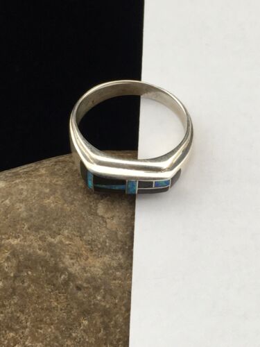Native American Men's Navajo Opal & Black Onyx Inlay Ring | Sterling Silver | Sz 10 | 1600